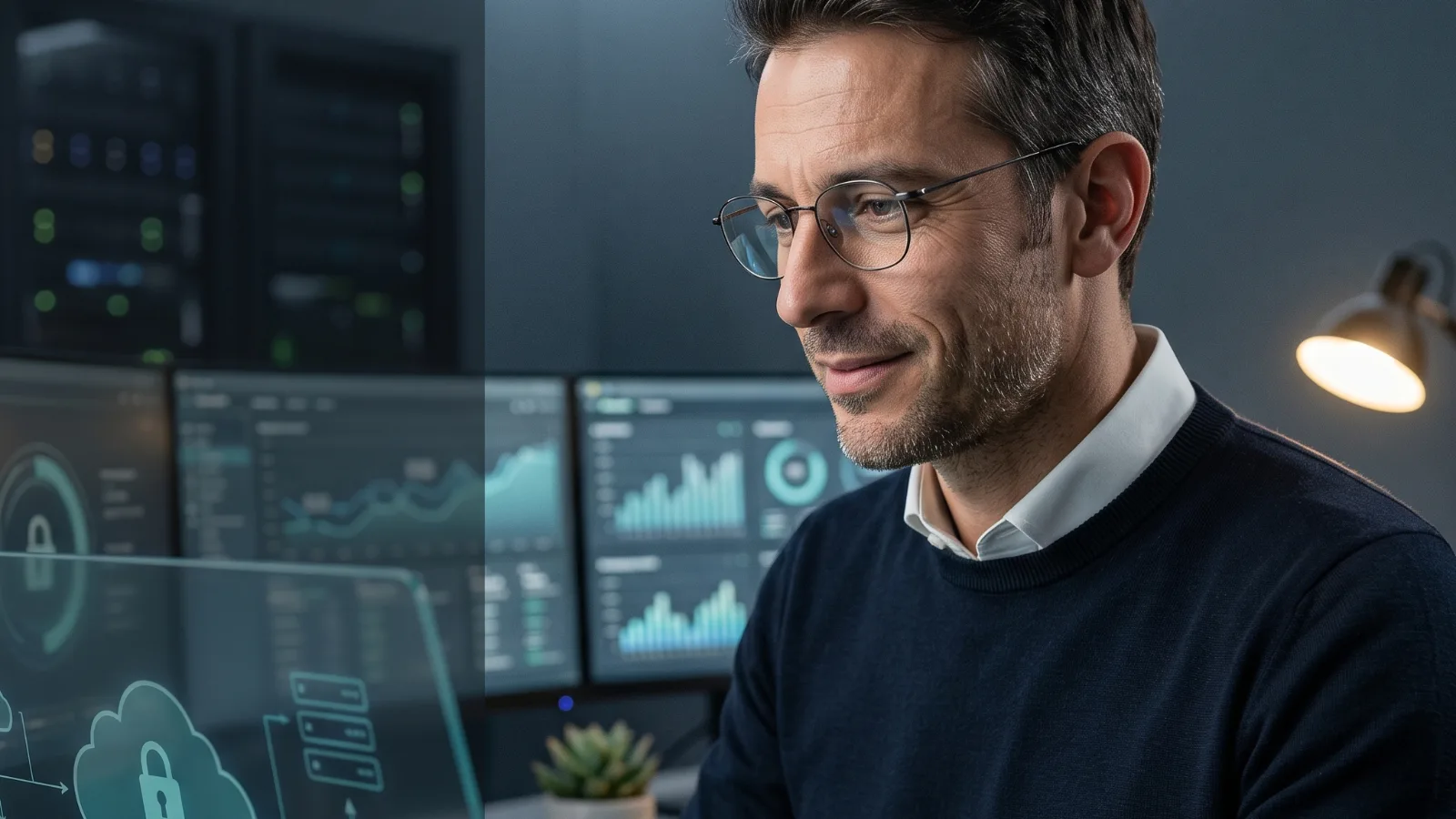 Un responsabile IT controlla i sistemi di sicurezza informatica davanti ai monitor, per l’adeguamento NIS2
