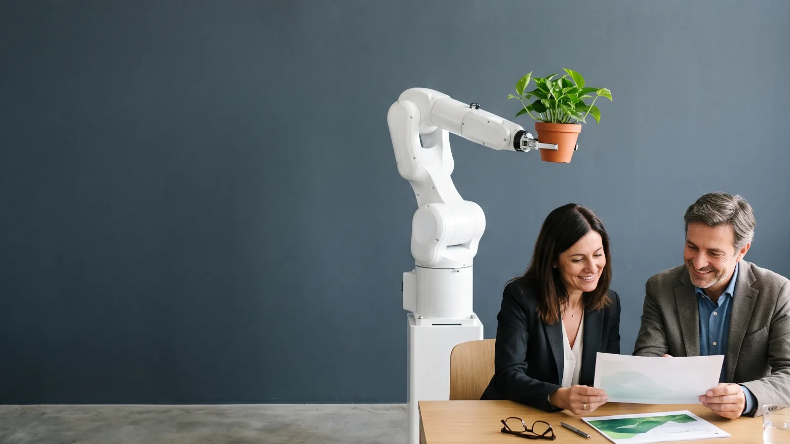Due consulenti sorridenti accanto a un braccio robotico: la consulenza per startup e PMI che vogliono crescere