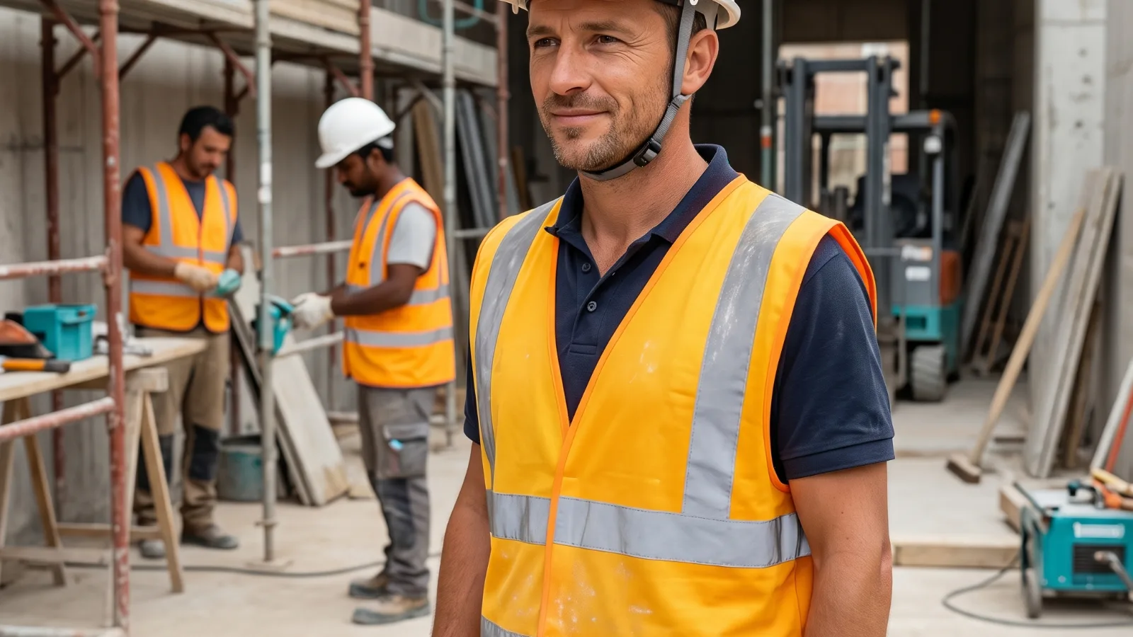 Un preposto con casco e gilet ad alta visibilità in cantiere: i DPI di terza categoria proteggono dai rischi gravi