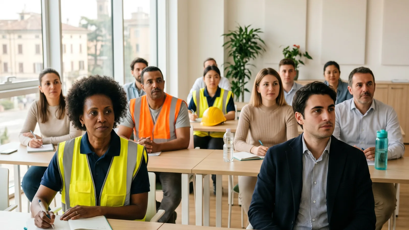 Lavoratori in gilet e impiegati seguono un corso in aula: la formazione sul rischio chimico in azienda