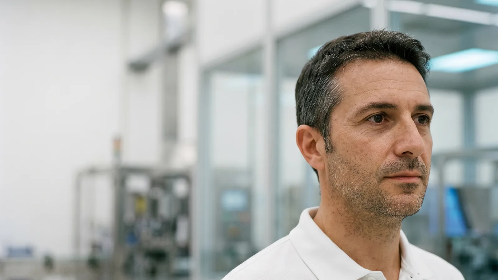 Un responsabile tecnico in un reparto di produzione moderno, dove si prepara la marcatura CE dei prodotti